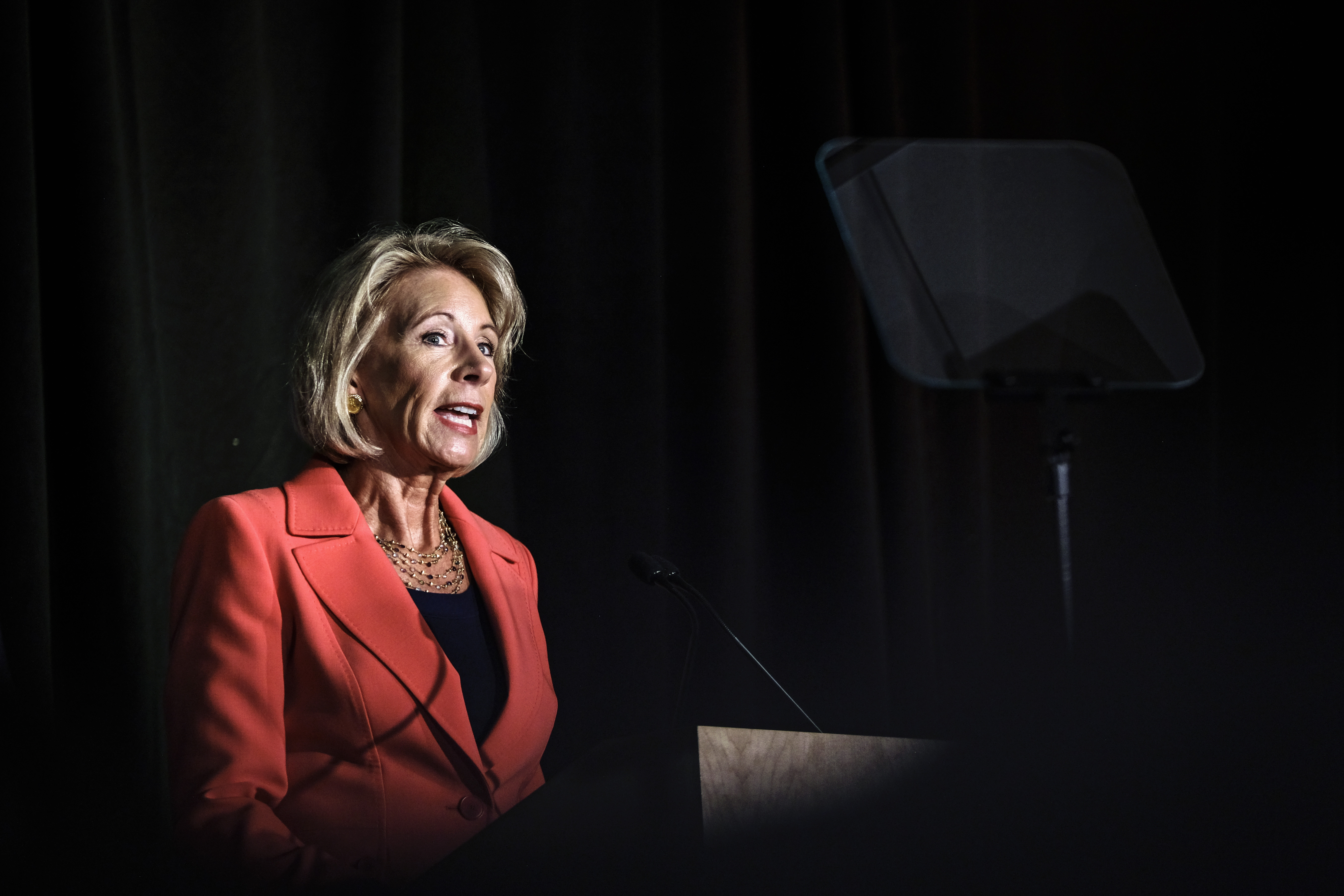 U.S. Education Secretary Betsy DeVos announces changes in federal policy on rules for investigating sexual assault reports on college campuses in at The George Mason University Antonin Scalia Law School in Arlington, Virginia...