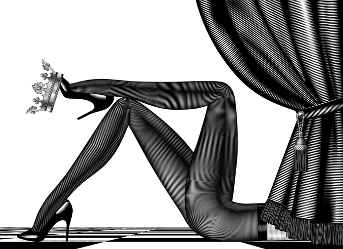 Legs in tights with a royal crown on the chessboard floor behind a theater curtain